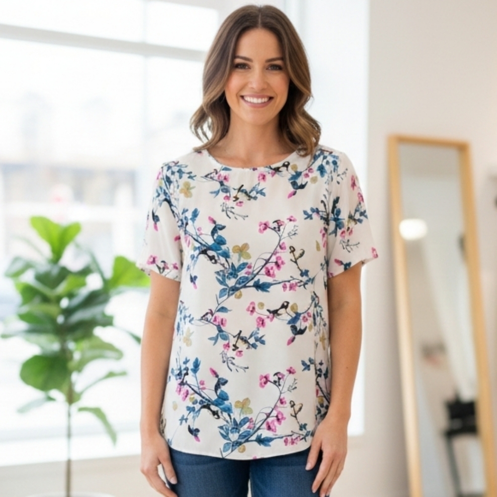 Le Lis White Floral Blouse with Blue and Pink Accents